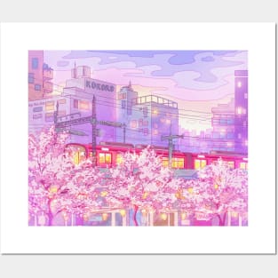 The Tokyo city, train and the purple sunset Posters and Art